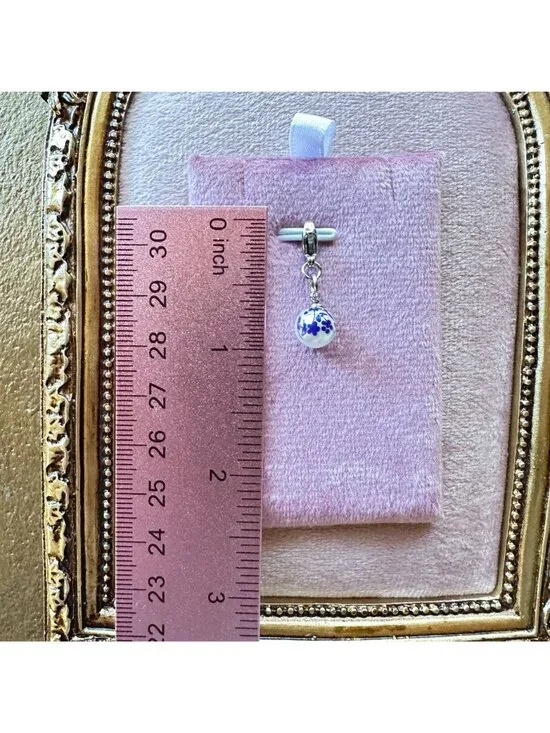 White Glass Pearl Charm With Blue Floral Print & Stainless Steel Lobster Clasp - Picture 4 of 10